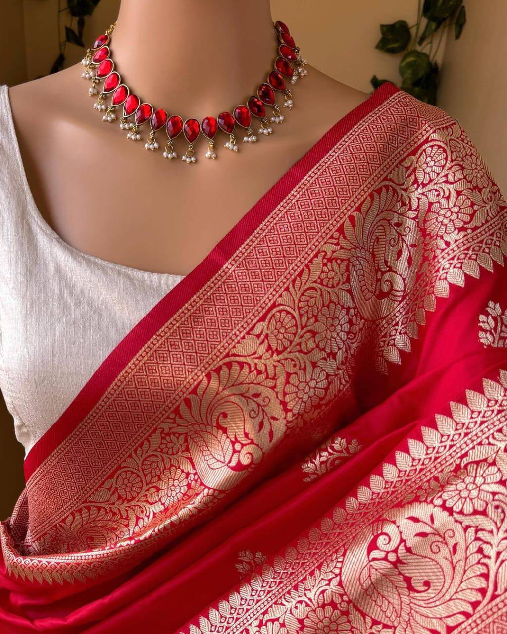 Ruby Red Radiance Banarasi Silk Saree WIth Fabulouse Blouse Piece