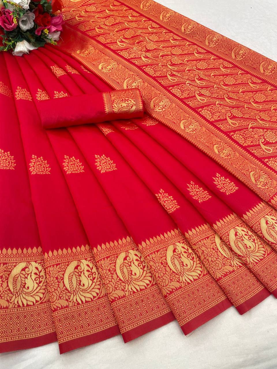 Ruby Red Radiance Banarasi Silk Saree WIth Fabulouse Blouse Piece