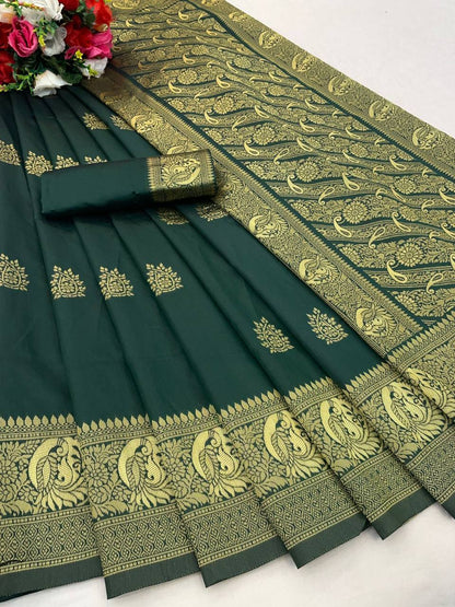 Ruby Green Radiance Banarasi Silk Saree WIth Fabulouse Blouse Piece