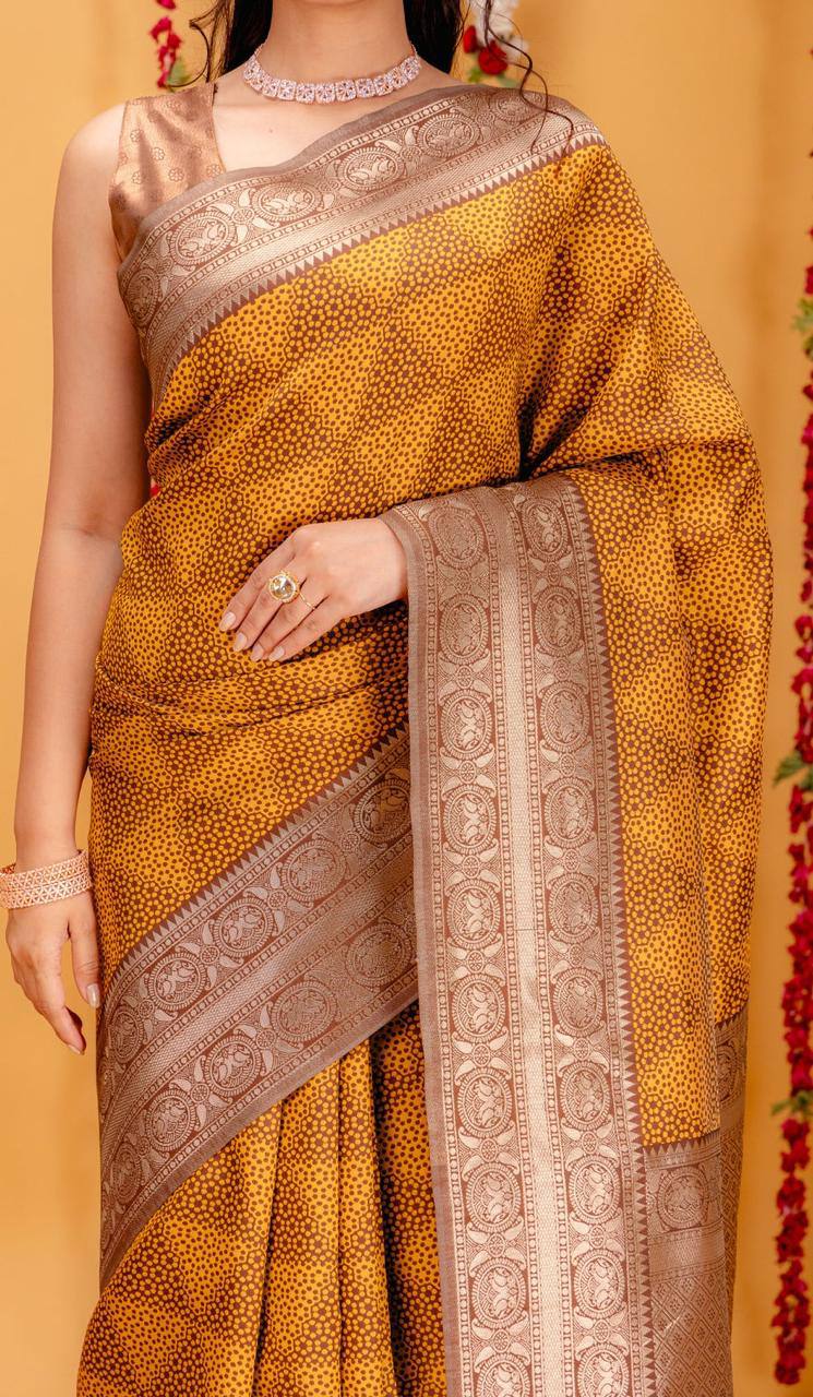 Aqua Gold Elegance Okar Yellow Banarasi Silk Saree WIth Fabulouse Blouse Piece