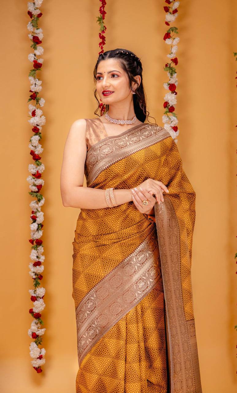 Aqua Gold Elegance Okar Yellow Banarasi Silk Saree WIth Fabulouse Blouse Piece