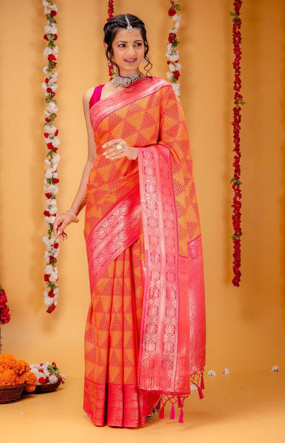 Aqua Gold Elegance Cherry Red Banarasi Silk Saree WIth Fabulouse Blouse Piece