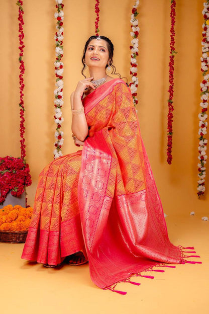 Aqua Gold Elegance Cherry Red Banarasi Silk Saree WIth Fabulouse Blouse Piece