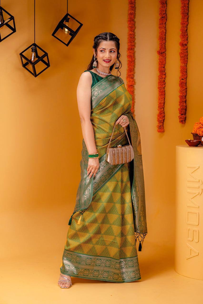 Aqua Gold Elegance Green Banarasi Silk Saree WIth Fabulouse Blouse Piece