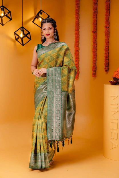 Aqua Gold Elegance Green Banarasi Silk Saree WIth Fabulouse Blouse Piece