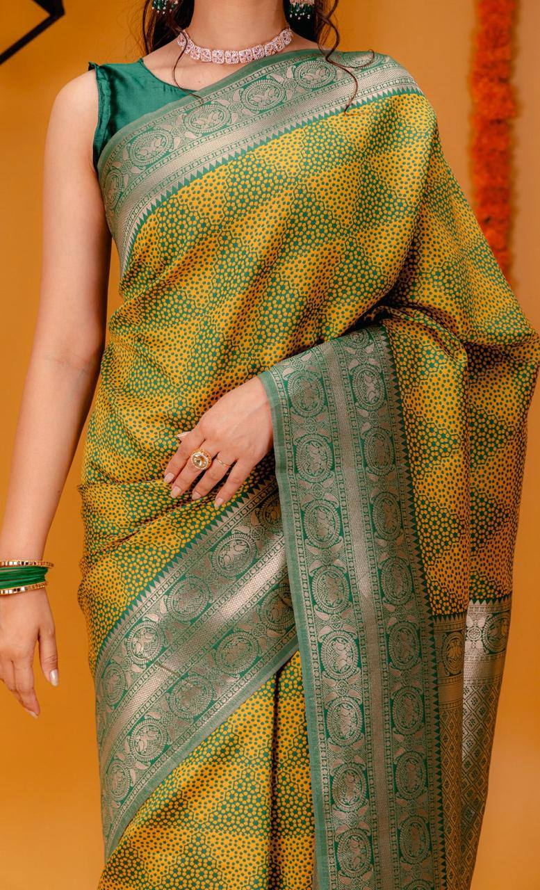 Aqua Gold Elegance Green Banarasi Silk Saree WIth Fabulouse Blouse Piece