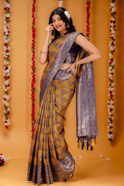 Aqua Gold Elegance Purple Banarasi Silk Saree WIth Fabulouse Blouse Piece