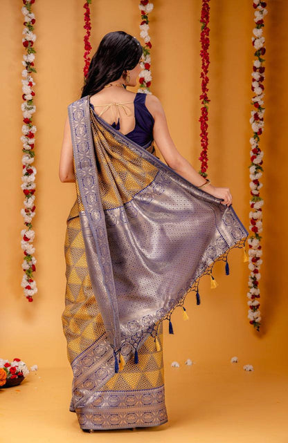 Aqua Gold Elegance Purple Banarasi Silk Saree WIth Fabulouse Blouse Piece