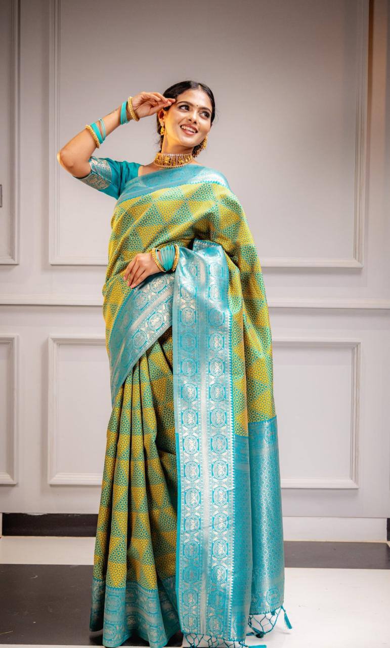 Aqua Gold Elegance Turquoise and GoldBanarasi Silk Saree WIth Fabulouse Blouse Piece