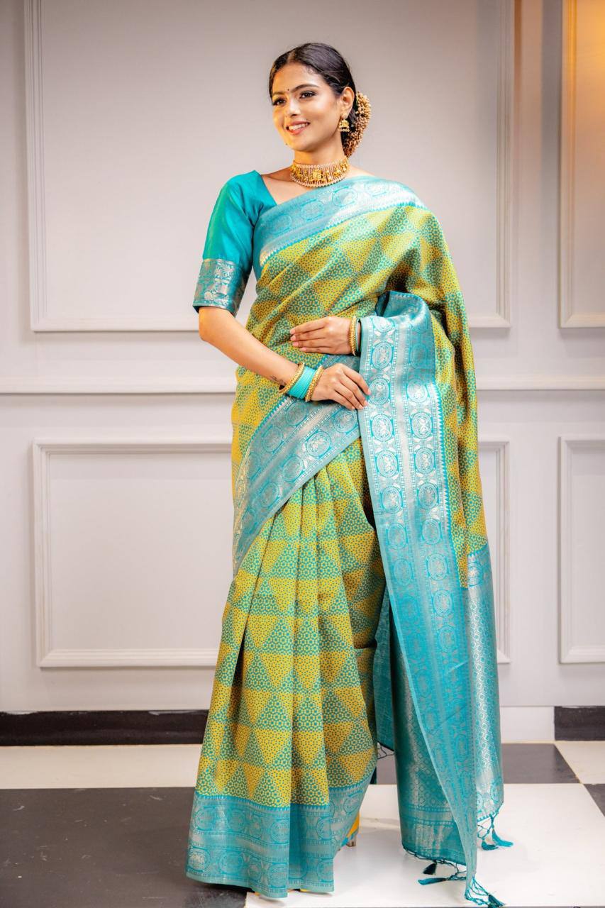 Aqua Gold Elegance Turquoise and GoldBanarasi Silk Saree WIth Fabulouse Blouse Piece