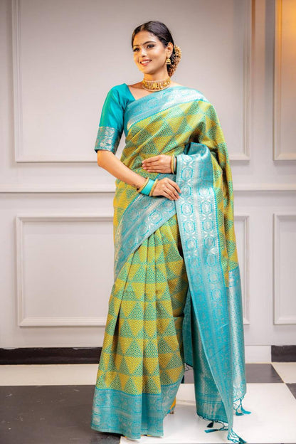 Aqua Gold Elegance Turquoise and GoldBanarasi Silk Saree WIth Fabulouse Blouse Piece