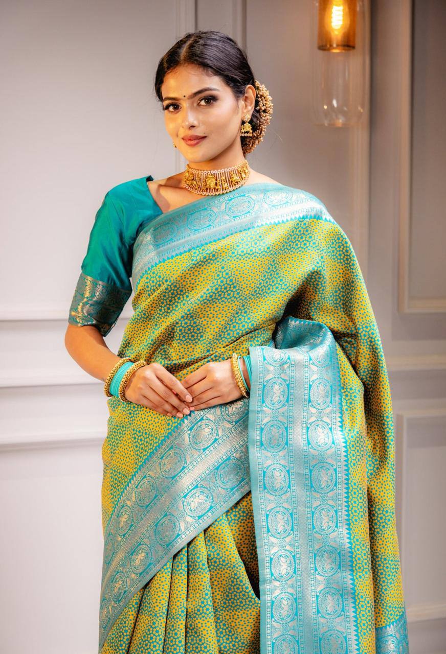 Aqua Gold Elegance Turquoise and GoldBanarasi Silk Saree WIth Fabulouse Blouse Piece