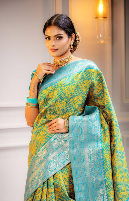 Aqua Gold Elegance Turquoise and GoldBanarasi Silk Saree WIth Fabulouse Blouse Piece