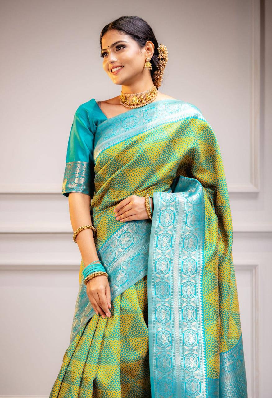 Aqua Gold Elegance Turquoise and GoldBanarasi Silk Saree WIth Fabulouse Blouse Piece