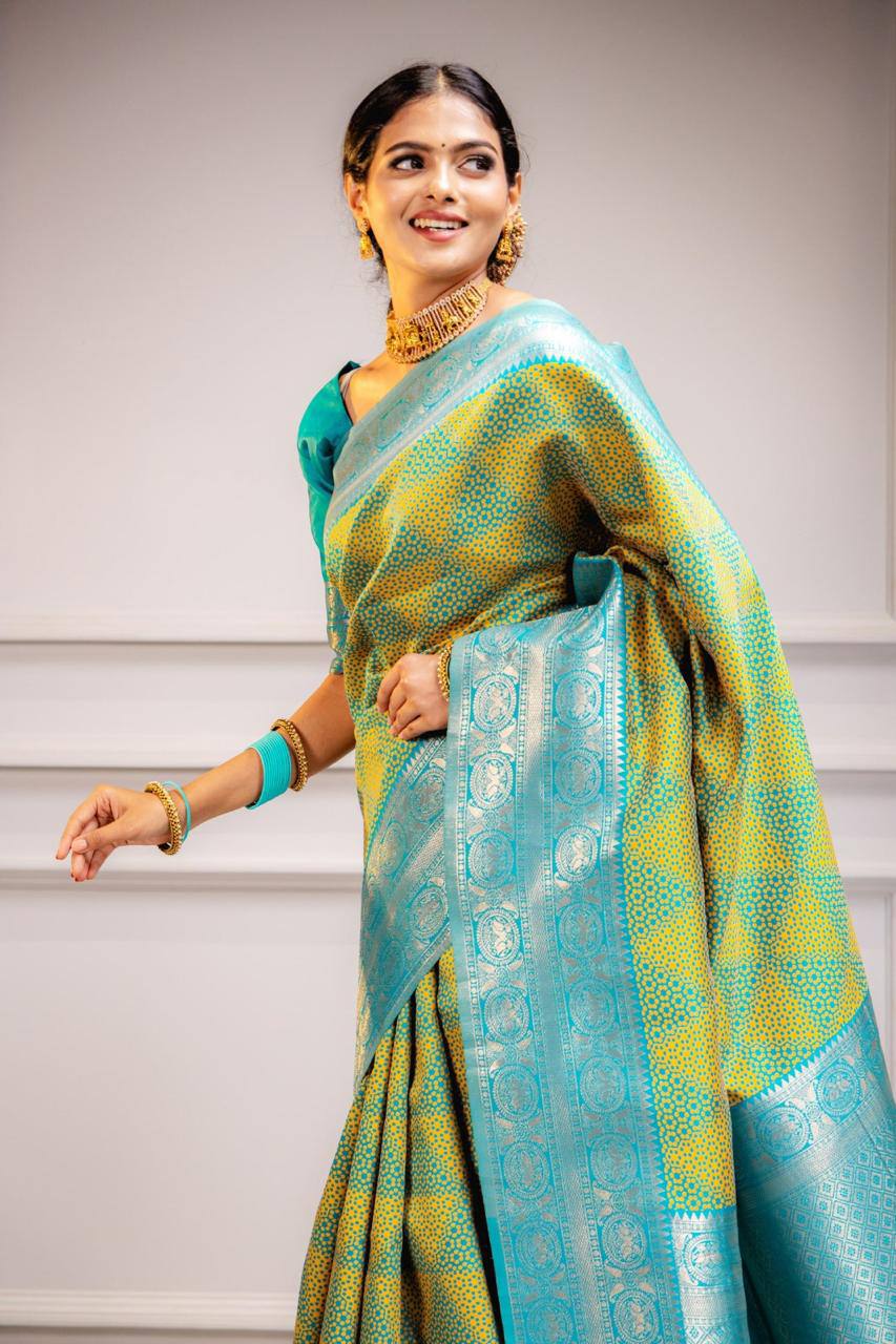 Aqua Gold Elegance Turquoise and GoldBanarasi Silk Saree WIth Fabulouse Blouse Piece