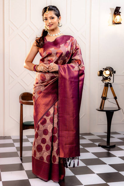 Scarlet Circles Saree Wine Banarasi Silk Saree WIth Fabulouse Blouse Piece