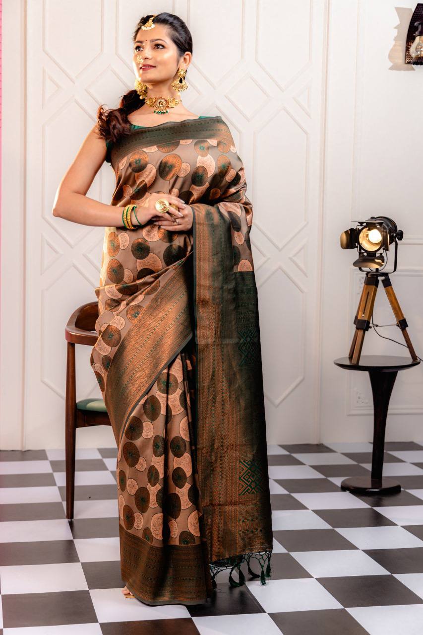 Scarlet Circles Saree Brown Banarasi Silk Saree WIth Fabulouse Blouse Piece