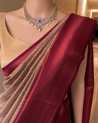 Regal Crimson Delight Maroon Banarasi Silk Saree WIth Fabulouse Blouse Piece