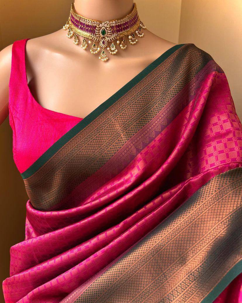 Regal Crimson Delight Pink Banarasi Silk Saree WIth Fabulouse Blouse Piece