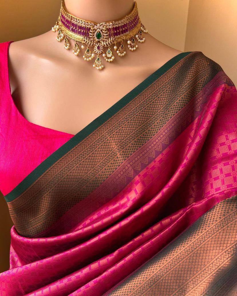 Regal Crimson Delight Pink Banarasi Silk Saree WIth Fabulouse Blouse Piece