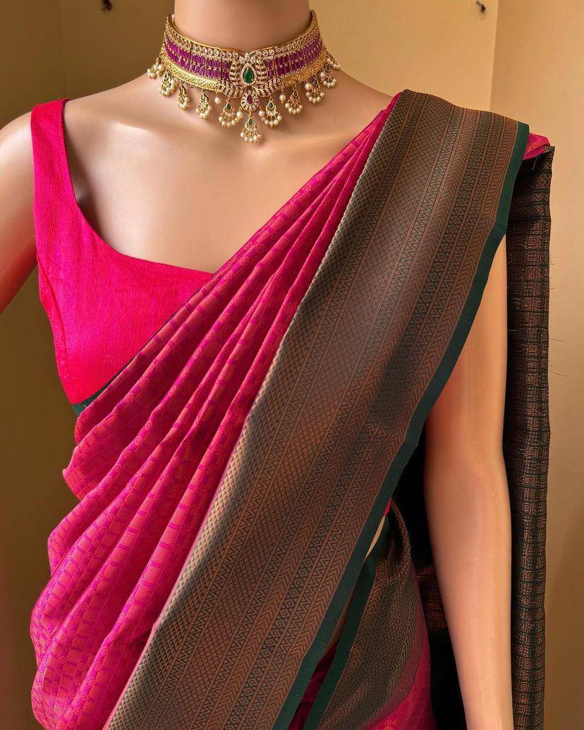 Regal Crimson Delight Pink Banarasi Silk Saree WIth Fabulouse Blouse Piece