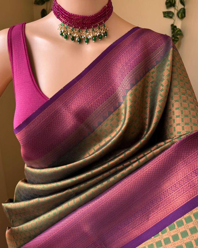 Regal Crimson Delight Olive Green Banarasi Silk Saree WIth Fabulouse Blouse Piece