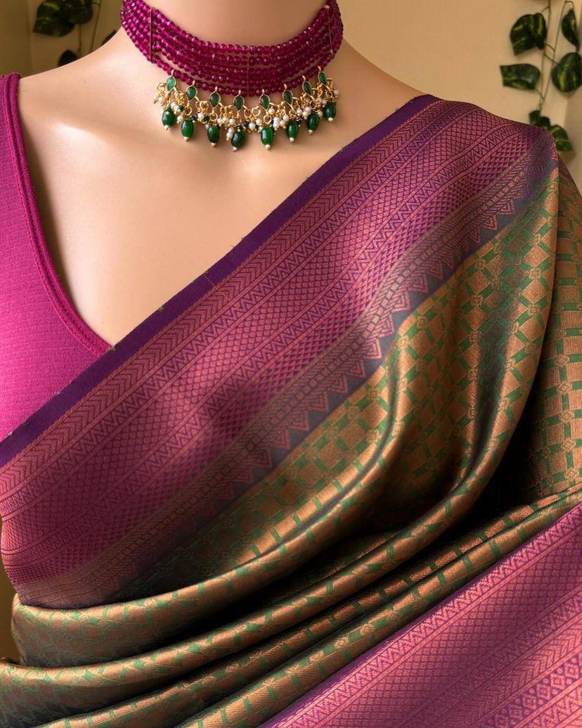 Regal Crimson Delight Olive Green Banarasi Silk Saree WIth Fabulouse Blouse Piece