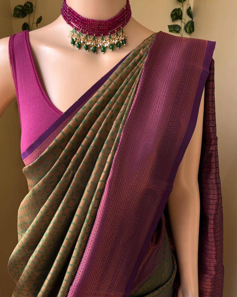 Regal Crimson Delight Olive Green Banarasi Silk Saree WIth Fabulouse Blouse Piece