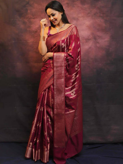 Majestic Maroon Elegance Banarasi Silk Saree WIth Fabulouse Blouse Piece