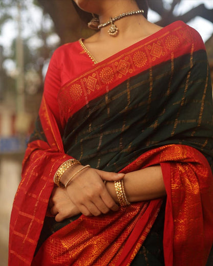 Festive Red and Green Banarasi Silk Saree WIth Fabulouse Blouse Piece