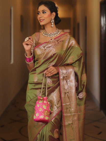 Vijayalakshmi - Green Kanjivaram Silk Saree with Gold Paisley Zari Border
