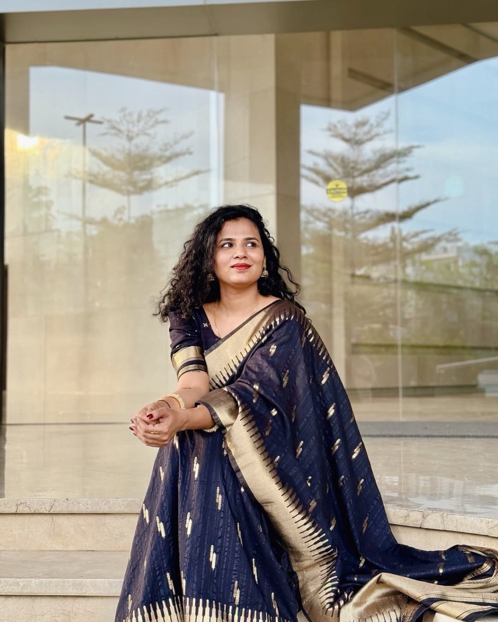 Meenakshi - Black Cotton Silk Saree with Gold Butta Weave and Contrast Border