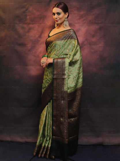 Sage Elegance Green Banarasi Silk Saree WIth Fabulouse Blouse Piece