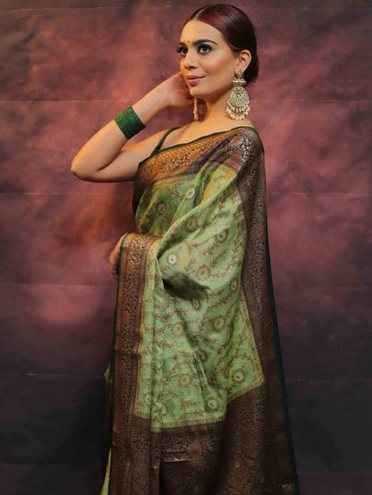 Sage Elegance Green Banarasi Silk Saree WIth Fabulouse Blouse Piece