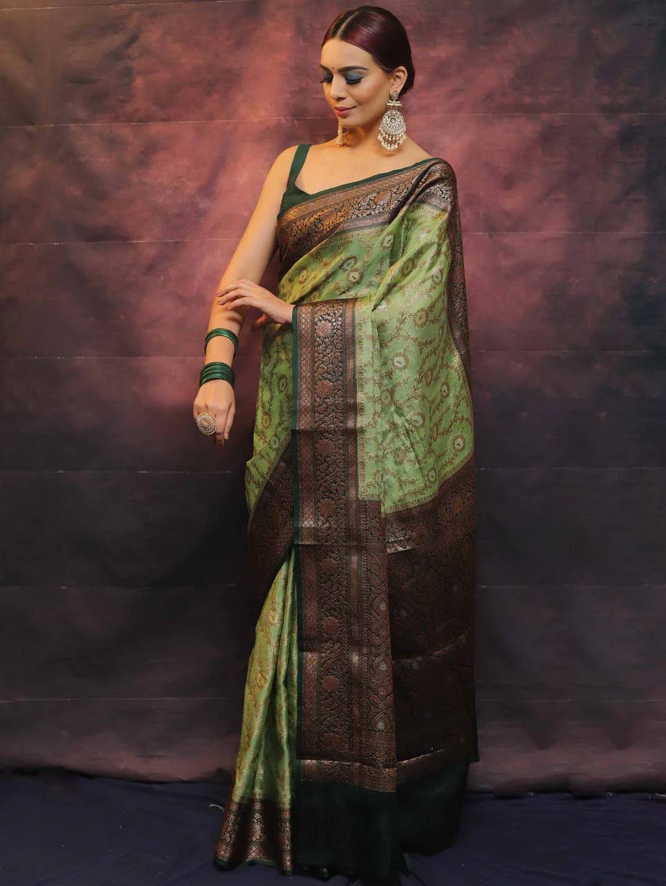 Sage Elegance Green Banarasi Silk Saree WIth Fabulouse Blouse Piece