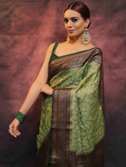 Sage Elegance Green Banarasi Silk Saree WIth Fabulouse Blouse Piece