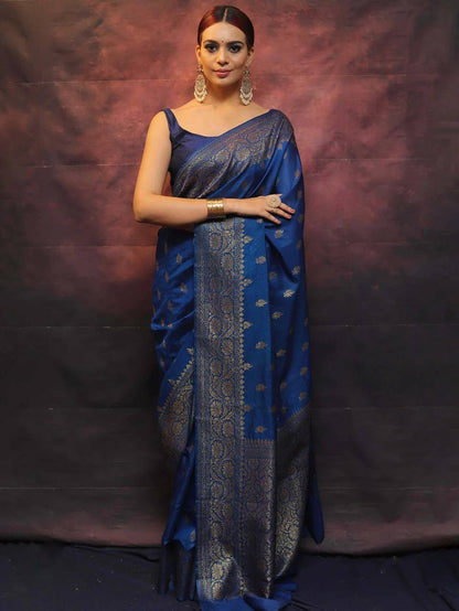 Emerald Grace Blue Banarasi Silk Saree WIth Fabulouse Blouse Piece