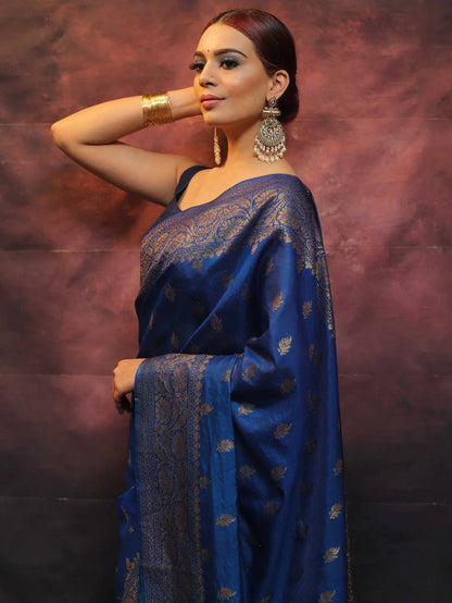 Emerald Grace Blue Banarasi Silk Saree WIth Fabulouse Blouse Piece