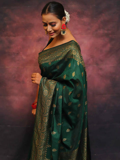 Emerald Grace Green Banarasi Silk Saree WIth Fabulouse Blouse Piece