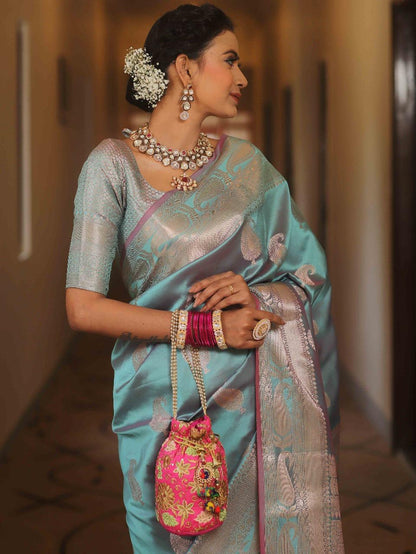 Vimla - Sky Blue Banarasi Silk Saree with Golden Paisley Weaving