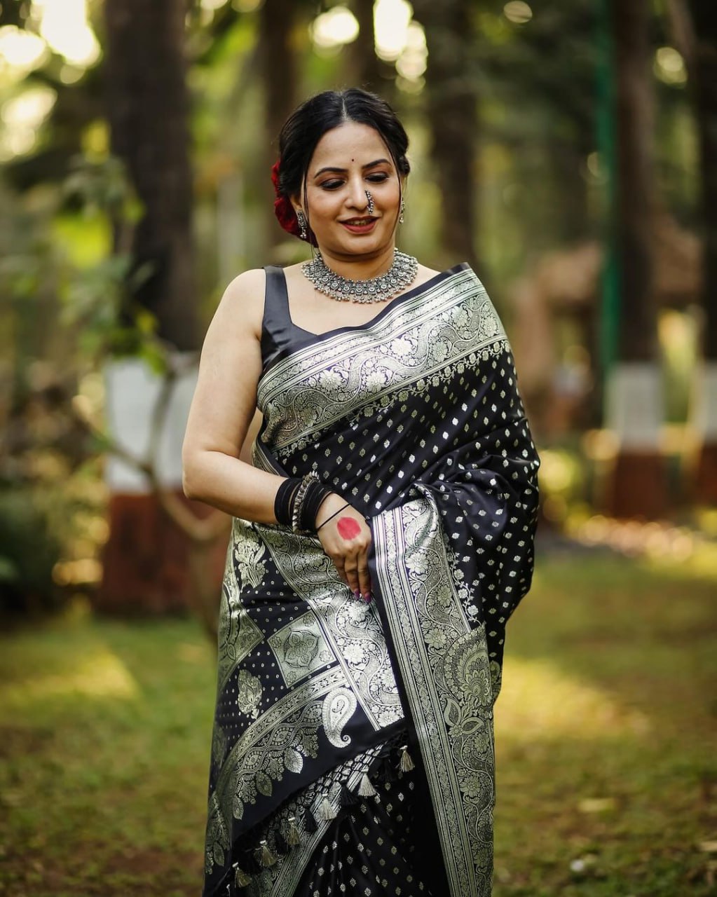 Obsidian Silver Black Classic Banarasi Silk Saree WIth Fabulouse Blouse Piece