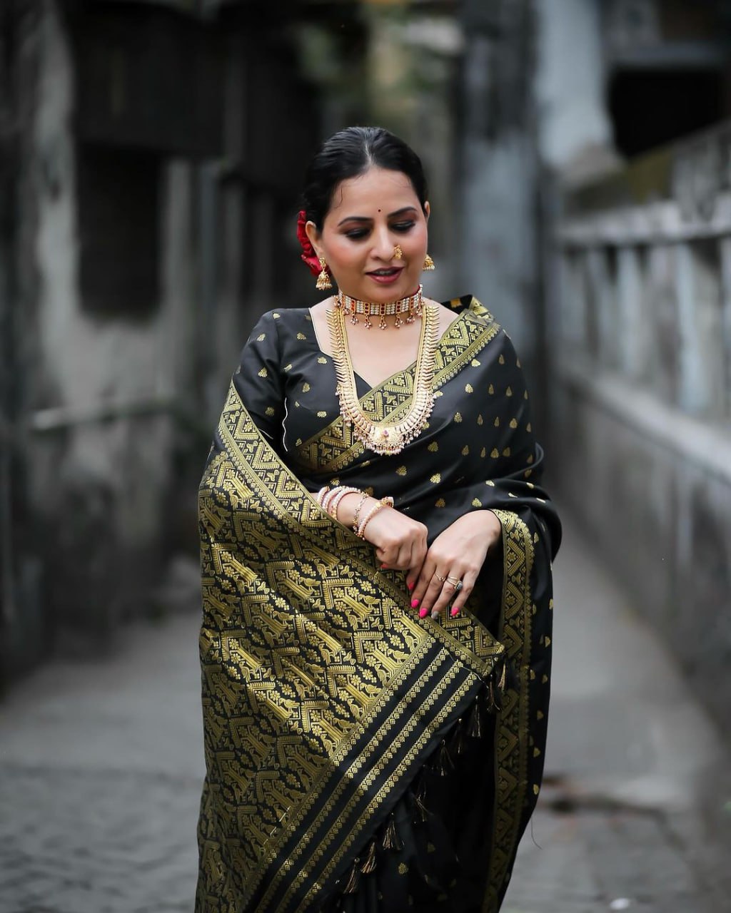 Ebony Gold Black Classic Banarasi Silk Saree WIth Fabulouse Blouse Piece