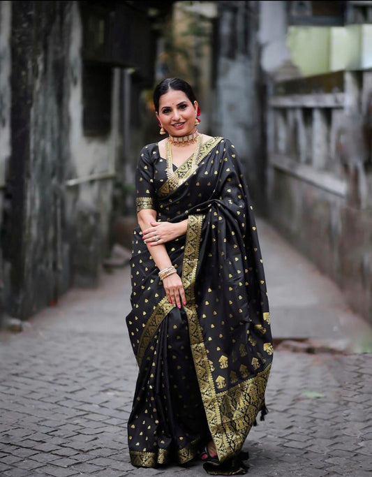 Ebony Gold Black Classic Banarasi Silk Saree WIth Fabulouse Blouse Piece