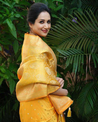 Golden Sunrise Banarasi Silk Saree WIth Fabulouse Blouse Piece