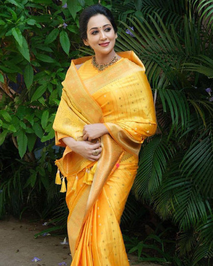 Golden Sunrise Banarasi Silk Saree WIth Fabulouse Blouse Piece