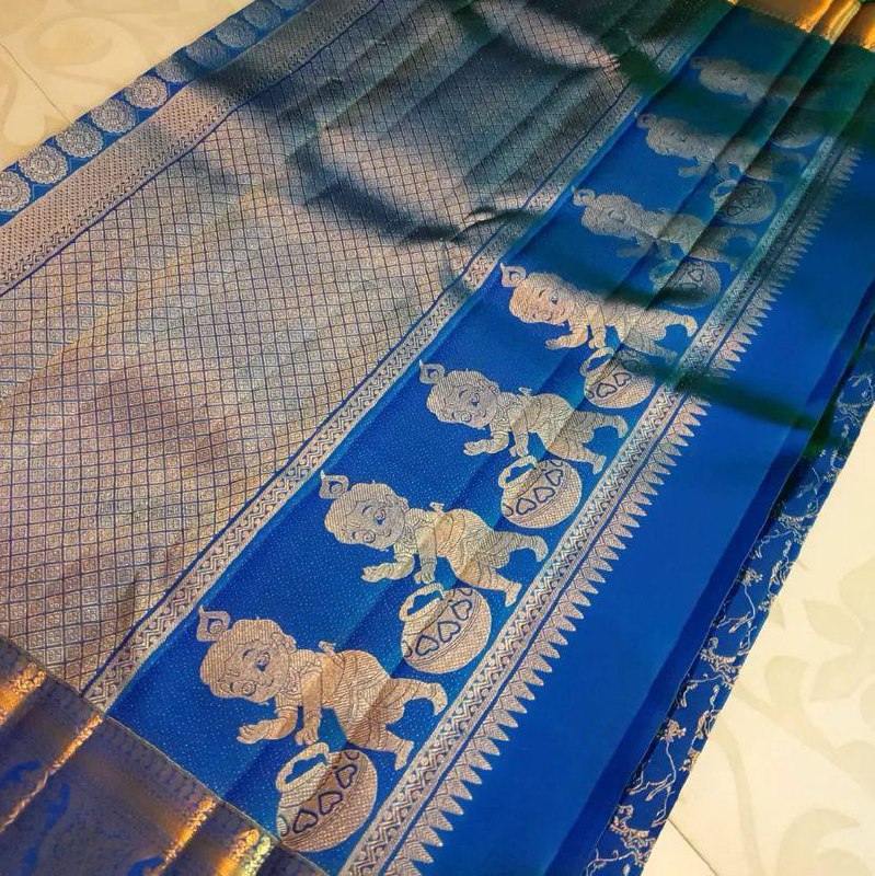 Kanha Blue Splendo Banarasi Silk Saree WIth Fabulouse Blouse Piece