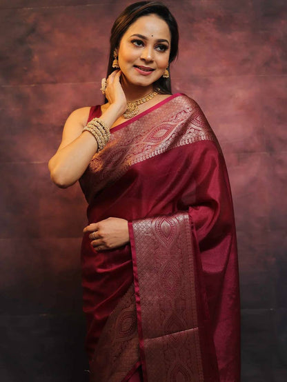 Regal Maroon Elegance Banarasi Silk Saree WIth Fabulouse Blouse