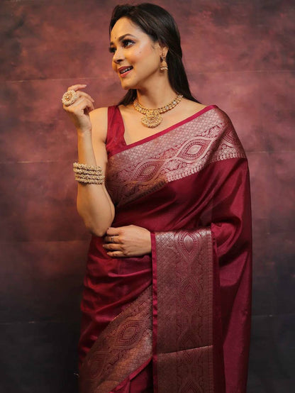 Regal Maroon Elegance Banarasi Silk Saree WIth Fabulouse Blouse