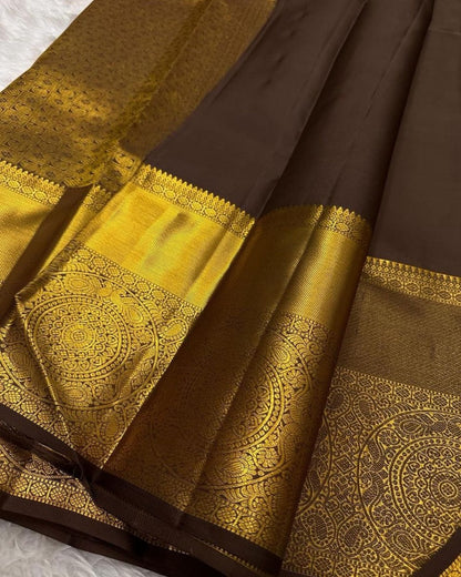 Chocolate Brown Banarasi Silk Saree With Charming Blouse Piece