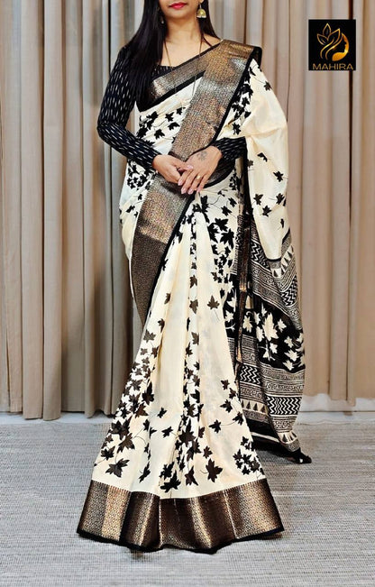 Ivory and Black Dola Silk Saree